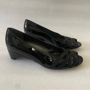 Stuart Weitzman Black Patent Leather peep toe  wedges size 8