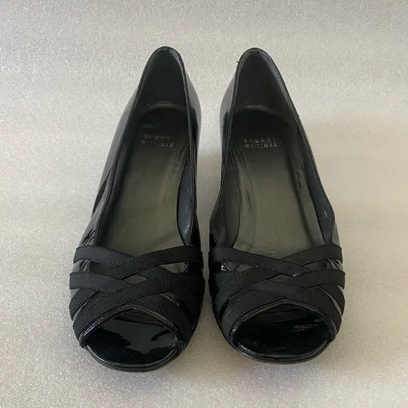 Stuart Weitzman Black Patent Leather peep toe  wedges size 8