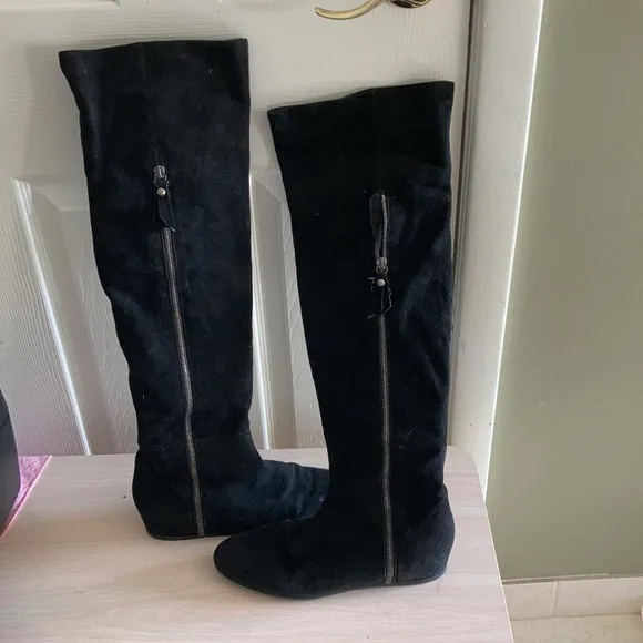 STUART WEITZMAN BLACK SUEDE OVER -THE -KNEE BOOTS HIDDEN WEDGE HEEL SIZE 8