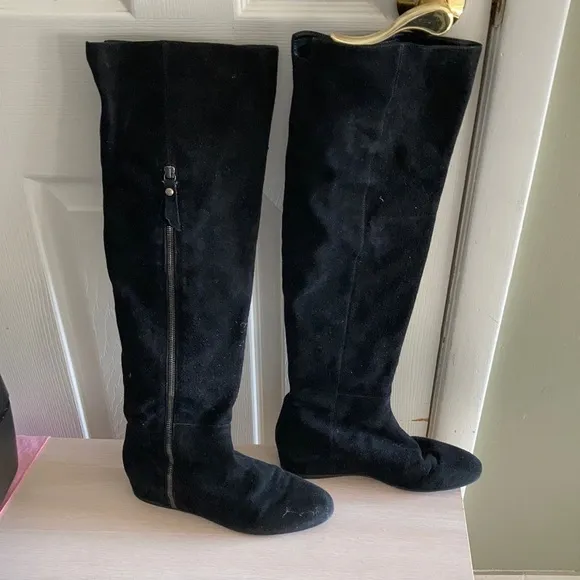 STUART WEITZMAN BLACK SUEDE OVER -THE -KNEE BOOTS HIDDEN WEDGE HEEL SIZE 8