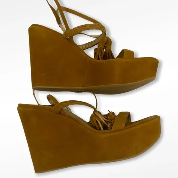Stuart Weitzman Brown Suede Tassel Mania Wedges