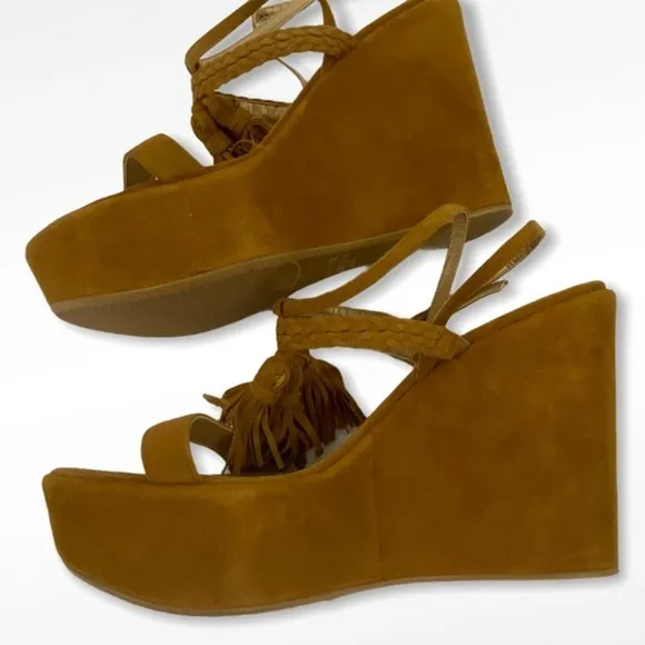Stuart Weitzman Brown Suede Tassel Mania Wedges
