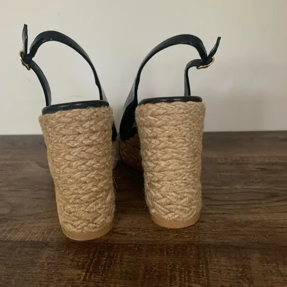 Stuart Weitzman Island Black Patent Leather Espadrille Wedges Sz 9 B