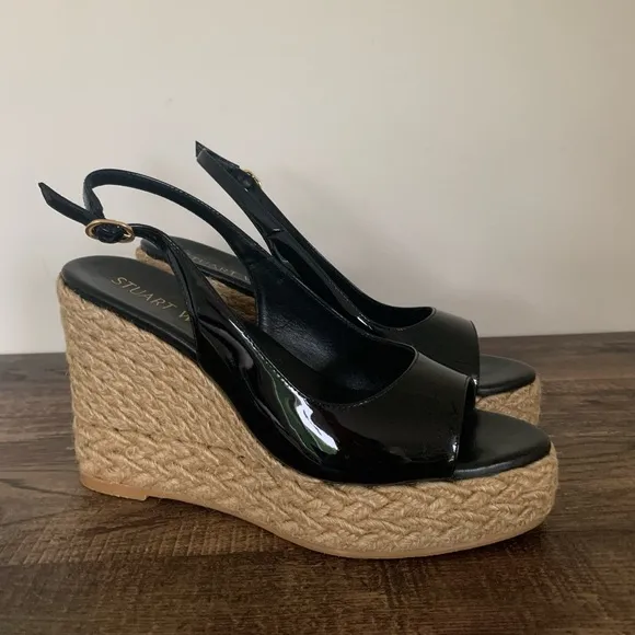 Stuart Weitzman Island Black Patent Leather Espadrille Wedges Sz 9 B