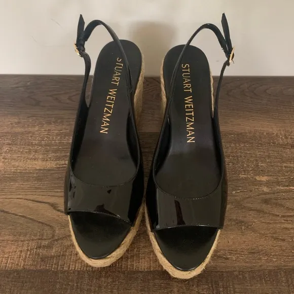 Stuart Weitzman Island Black Patent Leather Espadrille Wedges Sz 9 B
