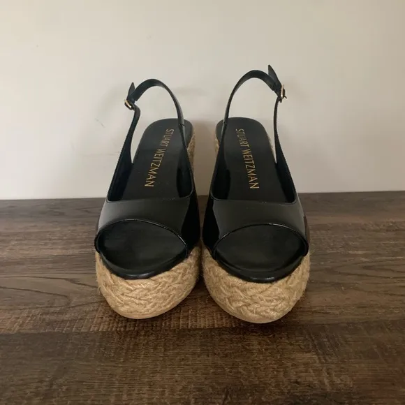 Stuart Weitzman Island Black Patent Leather Espadrille Wedges Sz 9 B
