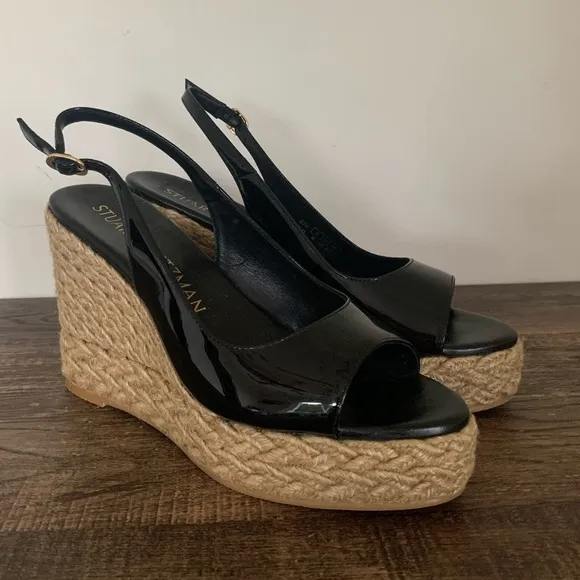 Stuart Weitzman Island Black Patent Leather Espadrille Wedges Sz 9 B