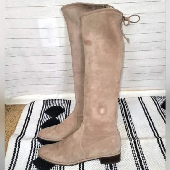 Stuart Weitzman Jocey Taupe Over The Knee Suede Flat Boots, sz 8.5