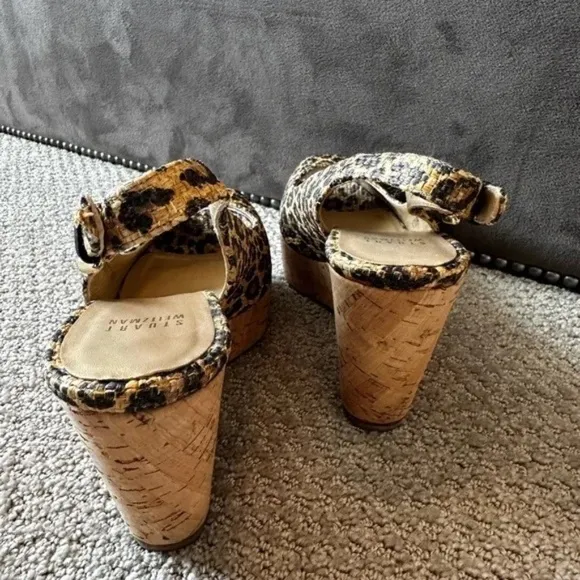 Stuart Weitzman Leopard Print Raffia &amp; Cork Espadrille Wedges EUC