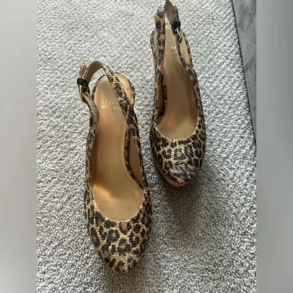 Stuart Weitzman Leopard Print Raffia &amp; Cork Espadrille Wedges EUC