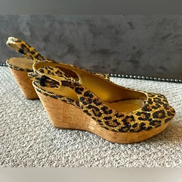 Stuart Weitzman Leopard Print Raffia &amp; Cork Espadrille Wedges EUC