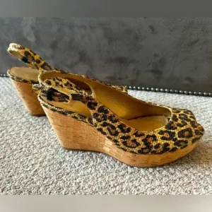 Stuart Weitzman Leopard Print Raffia &amp; Cork Espadrille Wedges EUC