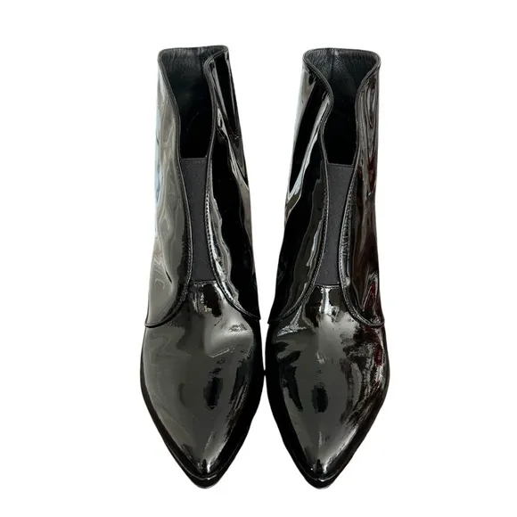 Stuart Weitzman Looksharp Black Patent Booties Pointed Toe Heeled Ankle Boots