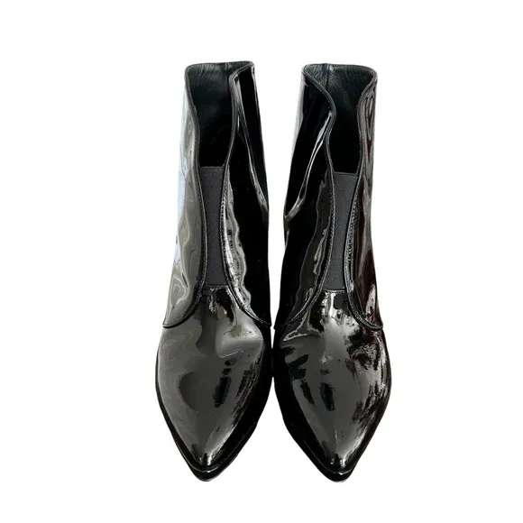 Stuart Weitzman Looksharp Black Patent Booties Pointed Toe Heeled Ankle Boots