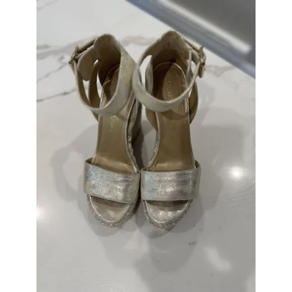 Stuart Weitzman Mostly Espadrille Wedges in Clouded Gold Size 7