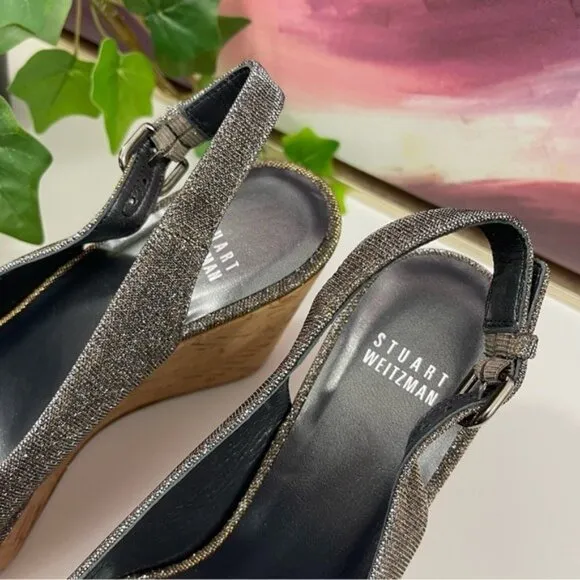 Stuart Weitzman Slingback Wedge Platform Sandals in Gray Sparkly Size 9