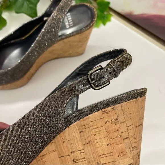 Stuart Weitzman Slingback Wedge Platform Sandals in Gray Sparkly Size 9
