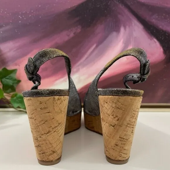 Stuart Weitzman Slingback Wedge Platform Sandals in Gray Sparkly Size 9