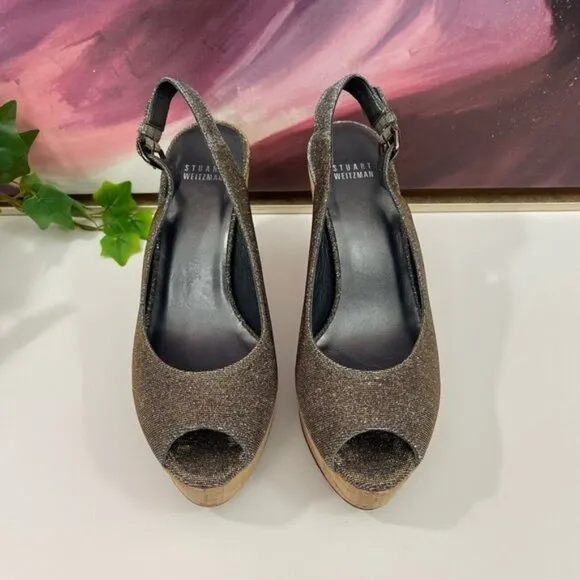 Stuart Weitzman Slingback Wedge Platform Sandals in Gray Sparkly Size 9