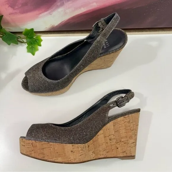 Stuart Weitzman Slingback Wedge Platform Sandals in Gray Sparkly Size 9