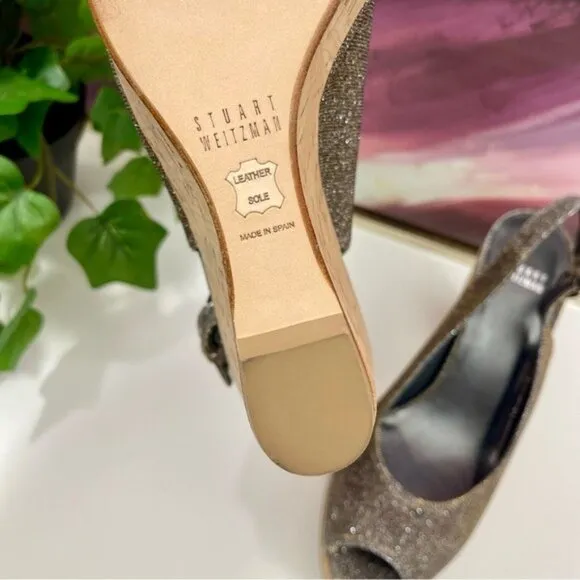 Stuart Weitzman Slingback Wedge Platform Sandals in Gray Sparkly Size 9