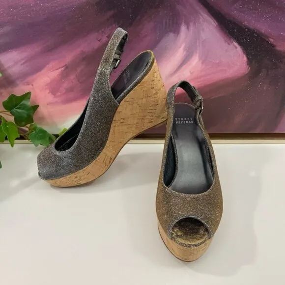 Stuart Weitzman Slingback Wedge Platform Sandals in Gray Sparkly Size 9