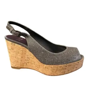 Stuart Weitzman Slingback Wedge Platform Sandals in Gray Sparkly Size 9