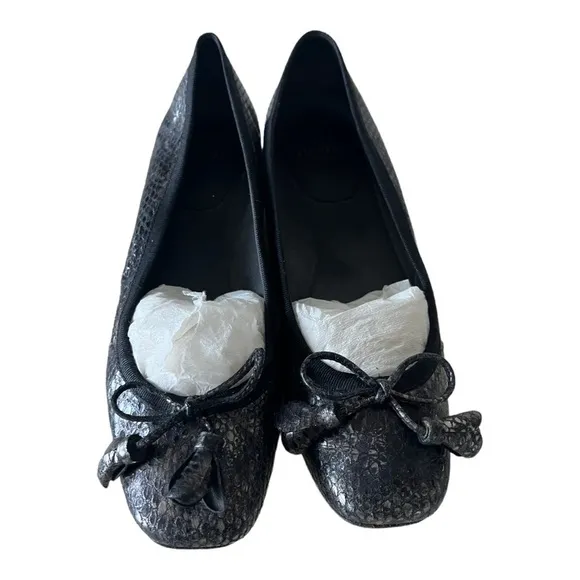 Stuart Weitzman Sliver Black Metallic Snake Skin Embossed Leather Flats Size 7M
