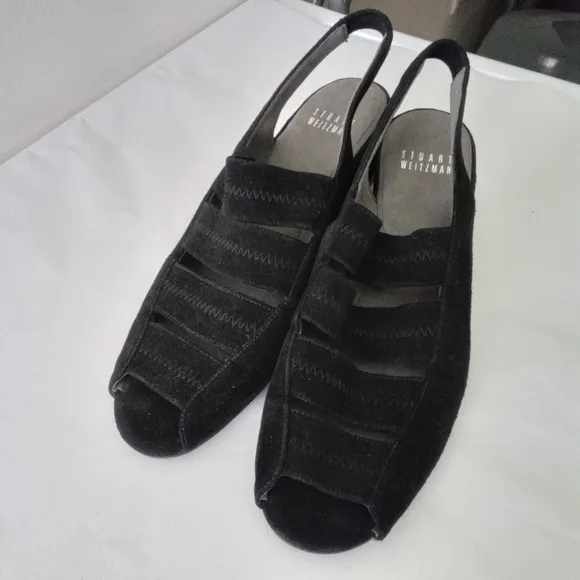 Stuart Weitzman Spando Black Nubuck Suede Strappy Slingback Wedges 7.5 M $398