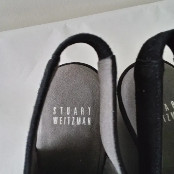 Stuart Weitzman Spando Black Nubuck Suede Strappy Slingback Wedges 7.5 M $398