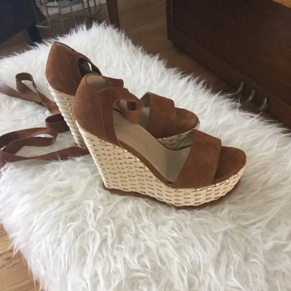 Stuart Weitzman Suede Ankle Wrap Espadrille Wedges