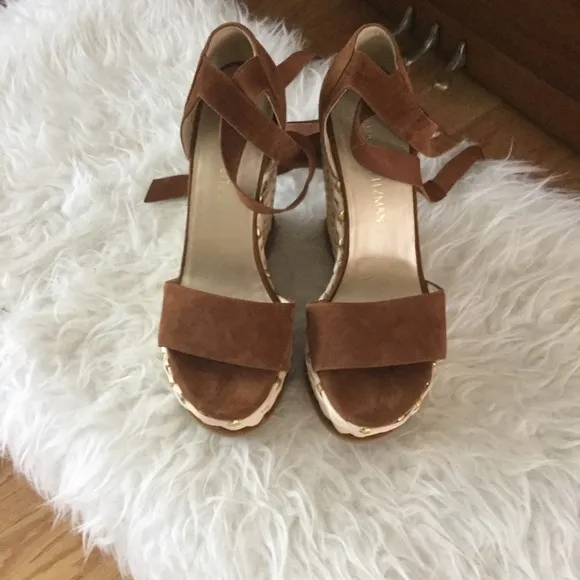 Stuart Weitzman Suede Ankle Wrap Espadrille Wedges