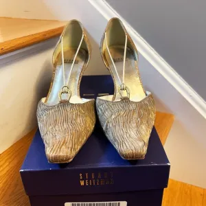 Stuart Weitzman Wishing Textured Gold Plisse Heels