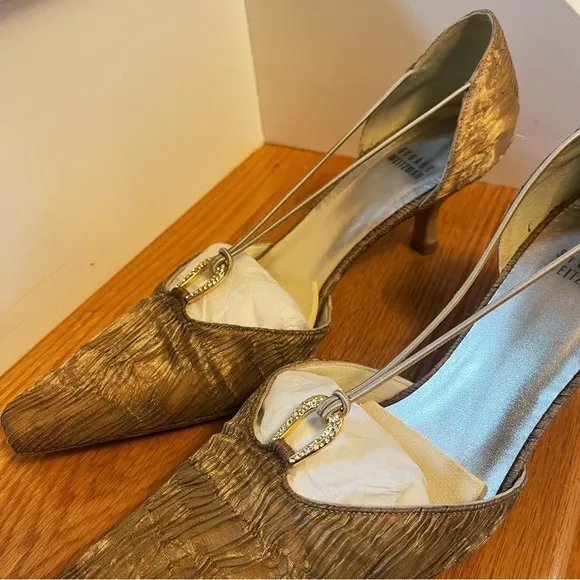 Stuart Weitzman Wishing Textured Gold Plisse Heels