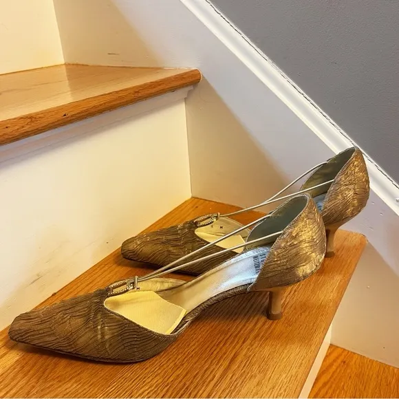 Stuart Weitzman Wishing Textured Gold Plisse Heels