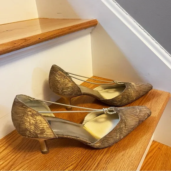 Stuart Weitzman Wishing Textured Gold Plisse Heels