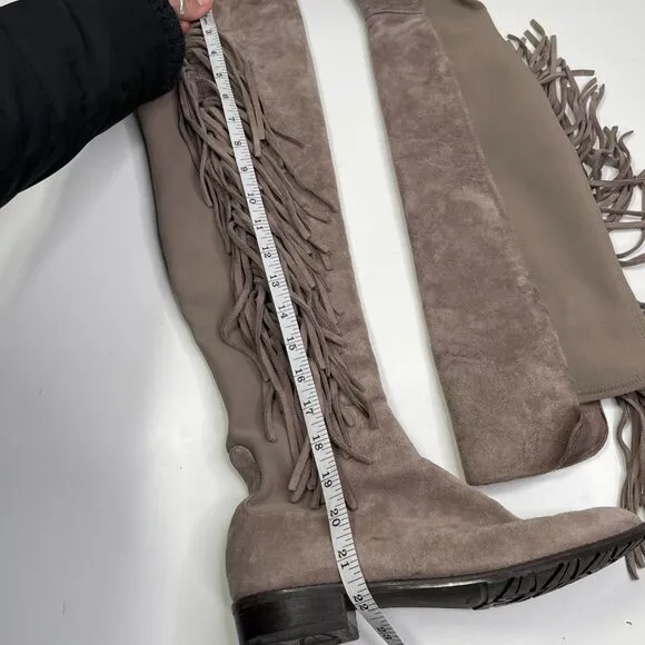 Stuart Weitzman Women's Taupe Beige Mane Fringe Over The Knee Suede Boots