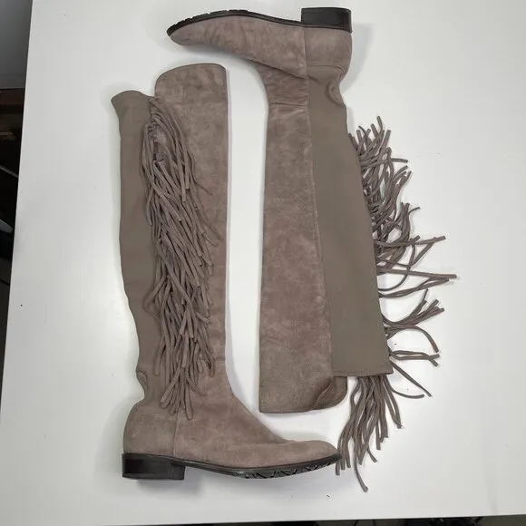 Stuart Weitzman Women's Taupe Beige Mane Fringe Over The Knee Suede Boots