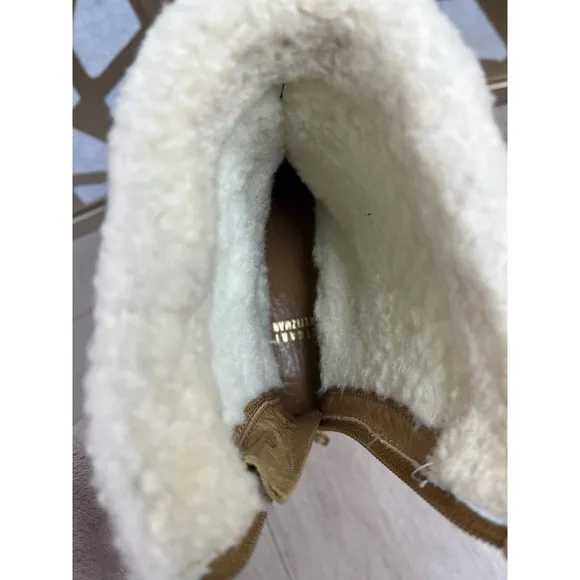 Stuart Weitzman Zip Up flat Boots Sz 7.5 m Brown Suede leather fur wool sherpa