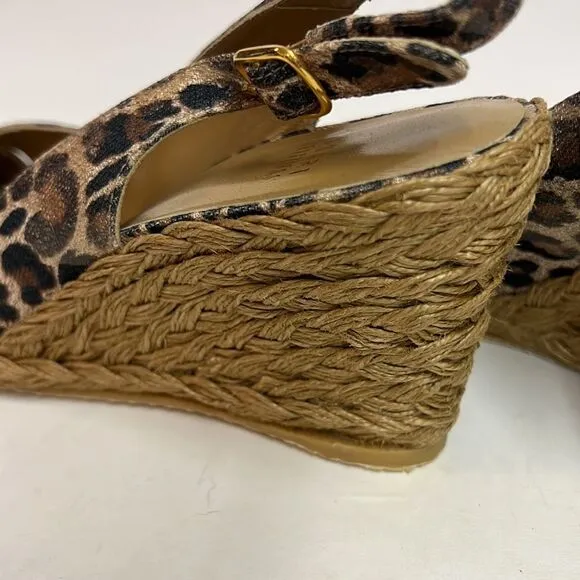 Stuart Weitzman Brown Leopard Print Sling Back Espadrille Wedges 8M D15