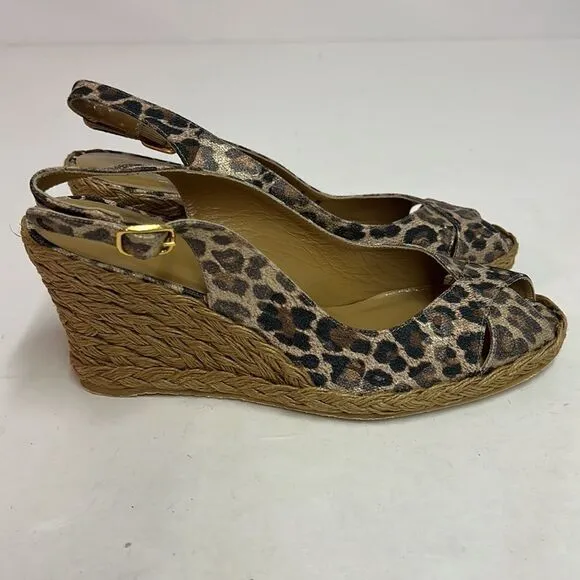 Stuart Weitzman Brown Leopard Print Sling Back Espadrille Wedges 8M D15