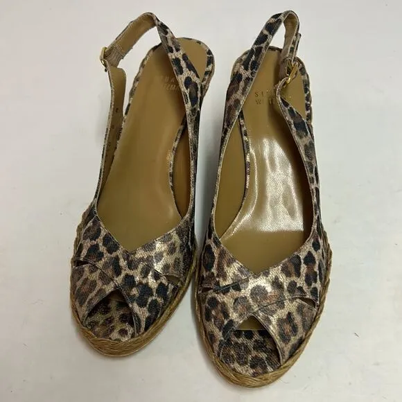 Stuart Weitzman Brown Leopard Print Sling Back Espadrille Wedges 8M D15