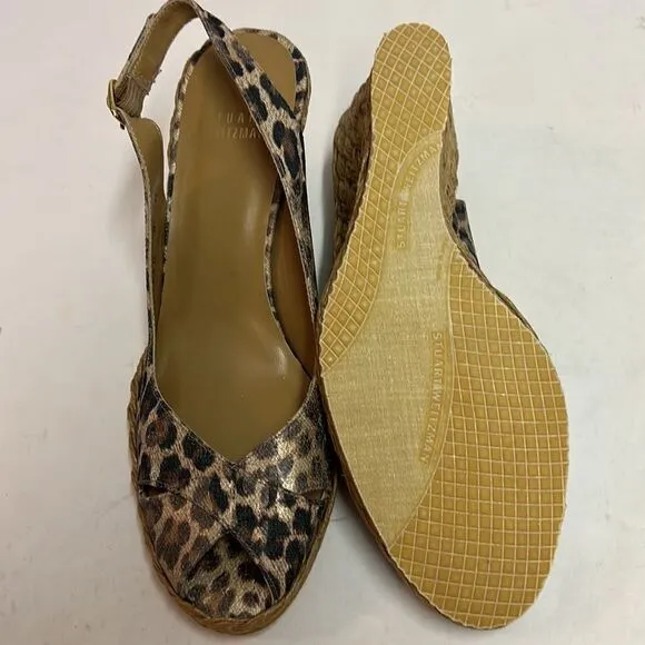 Stuart Weitzman Brown Leopard Print Sling Back Espadrille Wedges 8M D15