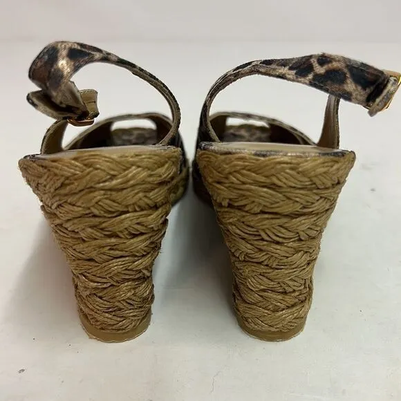 Stuart Weitzman Brown Leopard Print Sling Back Espadrille Wedges 8M D15