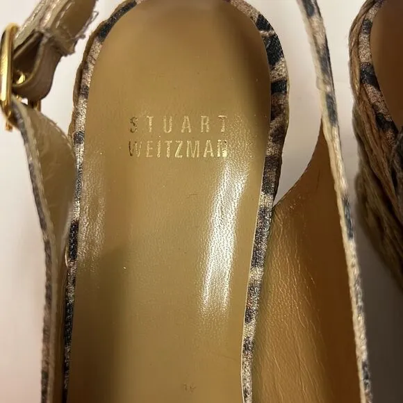 Stuart Weitzman Brown Leopard Print Sling Back Espadrille Wedges 8M D15