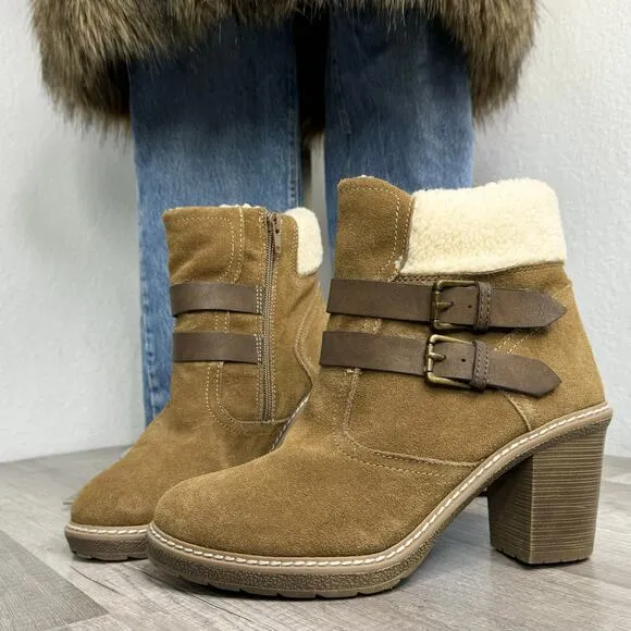 Suede Heeled Ankle Boots Buckle Tan White Mountain Size 9