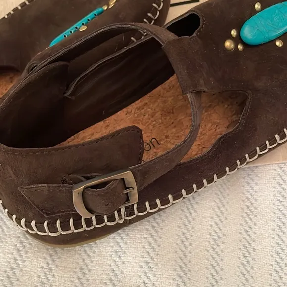 Sundance   Laidback London suede, whipstiched, moccasins w/ turquoise accents.