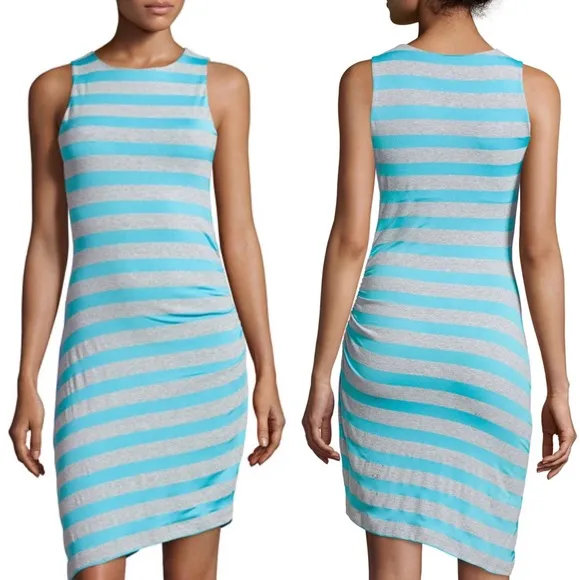 Susanna Monaco NWT Striped Gathered Side Dress Turquoise &amp; Gray