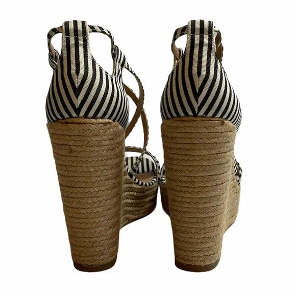Tabitha Simmons Jenny Striped Black and White Strappy Espadrille Wedges Size 10