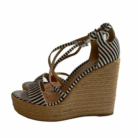 Tabitha Simmons Jenny Striped Black and White Strappy Espadrille Wedges Size 10